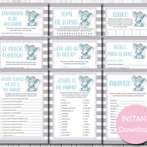 Spanish Baby Shower Games Bundle, Games Bundle, Baby Boy, Blue, Gray, Watercolor Elephant, Instant Download, Printable Games, Package Games