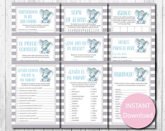 Paquete de juegos de baby shower en español, paquete de juegos, bebé niño, azul, gris, elefante acuarela, descarga instantánea, juegos imprimibles, juegos de paquete