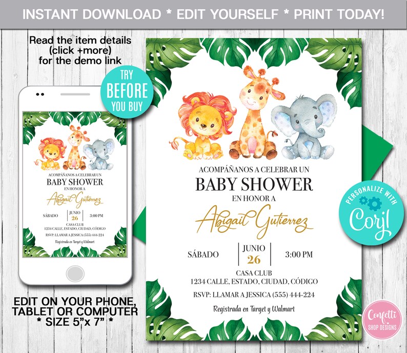 Editable Safari Baby Shower Invitation Spanish Jungle Invitation Safari Animals Printable Invite Digital File Instant