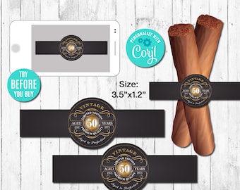 EDITABLE Cigar Labels 50th Birthday Cigar Band, Aged to Perfection, Any Age, Gold, Whiskey Label, Instant Download, CORJL, Digital File