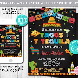 Editable Tacos & Tequila Fiesta Invitation (Instant Download), Mexican Invite Template, Digital File