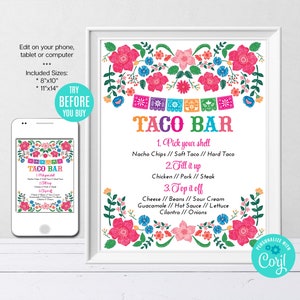 Signo de menú de barra de tacos editable, flores mexicanas, menú de fiesta, fiesta mexicana, tema mexicano, plantilla imprimible, descarga instantánea, CORJL