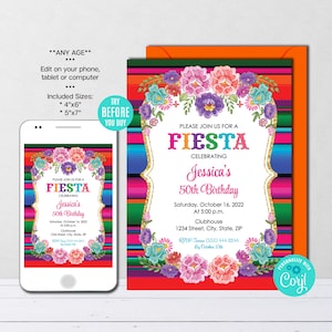 Editable Mexican Birthday Invitation, Mexican Flowers Invitation, Serape and Flowers, Mexican Theme, Mexican Party, Instant Download, CORJL