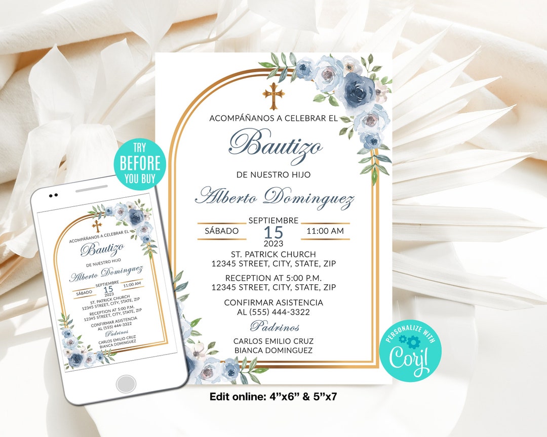 Editable Baptism Invitation Boy, Spanish Blue Flowers, Bautizo ...