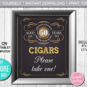 Editable Cigars Sign Age to Perfection, Birthday Party Sign, ANY AGE, Gold, Whiskey Label Sign Printable, Party Decor Instant Download CORJL
