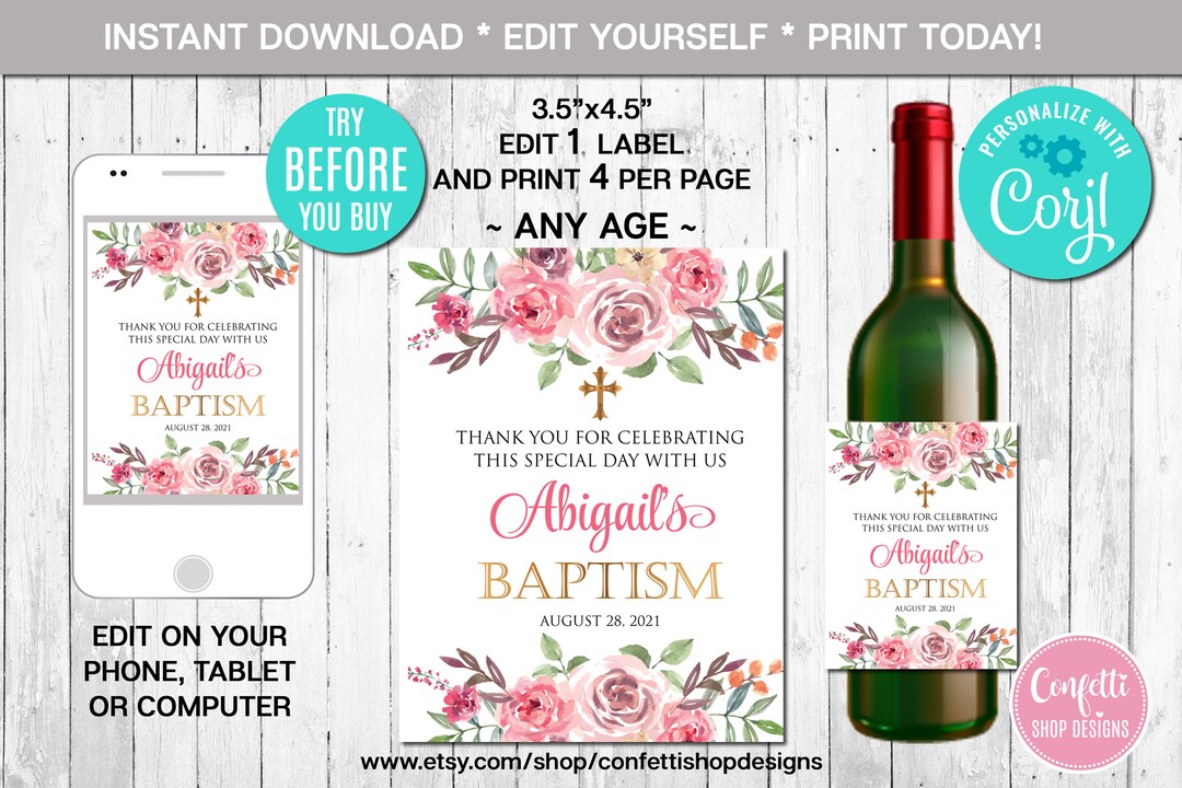 EDITABLE Baptism Wine Label, Christening Wine Labels, Printable Wine Labels Baptism Girl Bottle