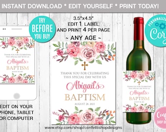 EDITABLE Baptism Wine Label, Christening Wine Labels, Printable Wine Labels Baptism Girl Bottle Labels Stickers, Pink and Gold Bottle Labels