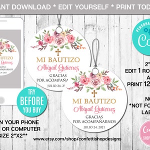 Etiqueta de lembrança floral editável para batismo, menina, Mi Bautizo, etiqueta de lembrança espanhola, flores, rosa e dourado, para impressão, download instantâneo, CORJL