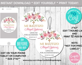 Editable Floral Baptism Favor Tag, Girl, Mi Bautizo, Spanish Favor Tag, Flowers, Pink and Gold, Printable, Instant Download, CORJL