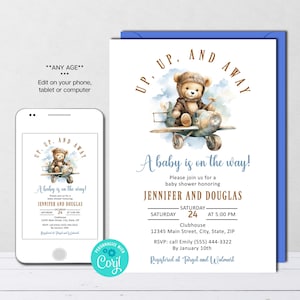 Editable Teddy Bear Airplane Baby Shower Invitation, Vintage Travel Shower Invite, Adventure Awaits, Digital Template, Instant Download