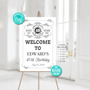 Vintage Aged to Perfection Editable Welcome Sign, ANY AGE, Whiskey Label Theme, Birthday Party Welcome Sign, Party Decor, Instant Download