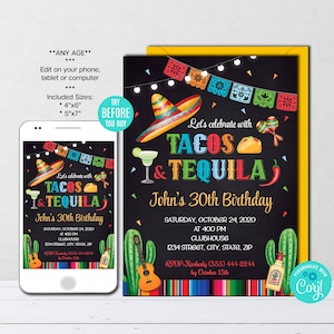 Editable Taco and Tequila Birthday Invitation, Mexican Invitation, Fiesta Invitation, Party Invite, Instant Download, Digital File, CORJL