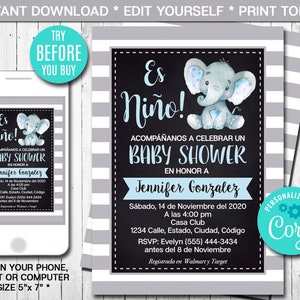 Editable Spanish Elephant Baby Shower Invitation Boy, Blue, Gray, Safari Baby Shower Invite, Printable Invitation, Instant Download, CORJL
