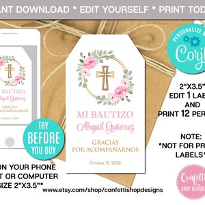 Editable Floral Baptism Favor Tag Girl Spanish Christening Favor Tag First Communion Flowers Pink and Gold Printable Instant Download CORJL