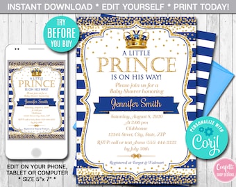 Prins babyshower uitnodiging, jongen, koningsblauwe en gouden prins uitnodiging, bewerkbaar, afdrukbare uitnodiging, instant download, digitaal bestand, Corjl