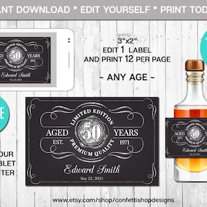 EDITABLE Mini Liquor Bottle Label, Aged to Perfection, Any Age, Silver, Whiskey Label, Instant Download, CORJL, Digital File