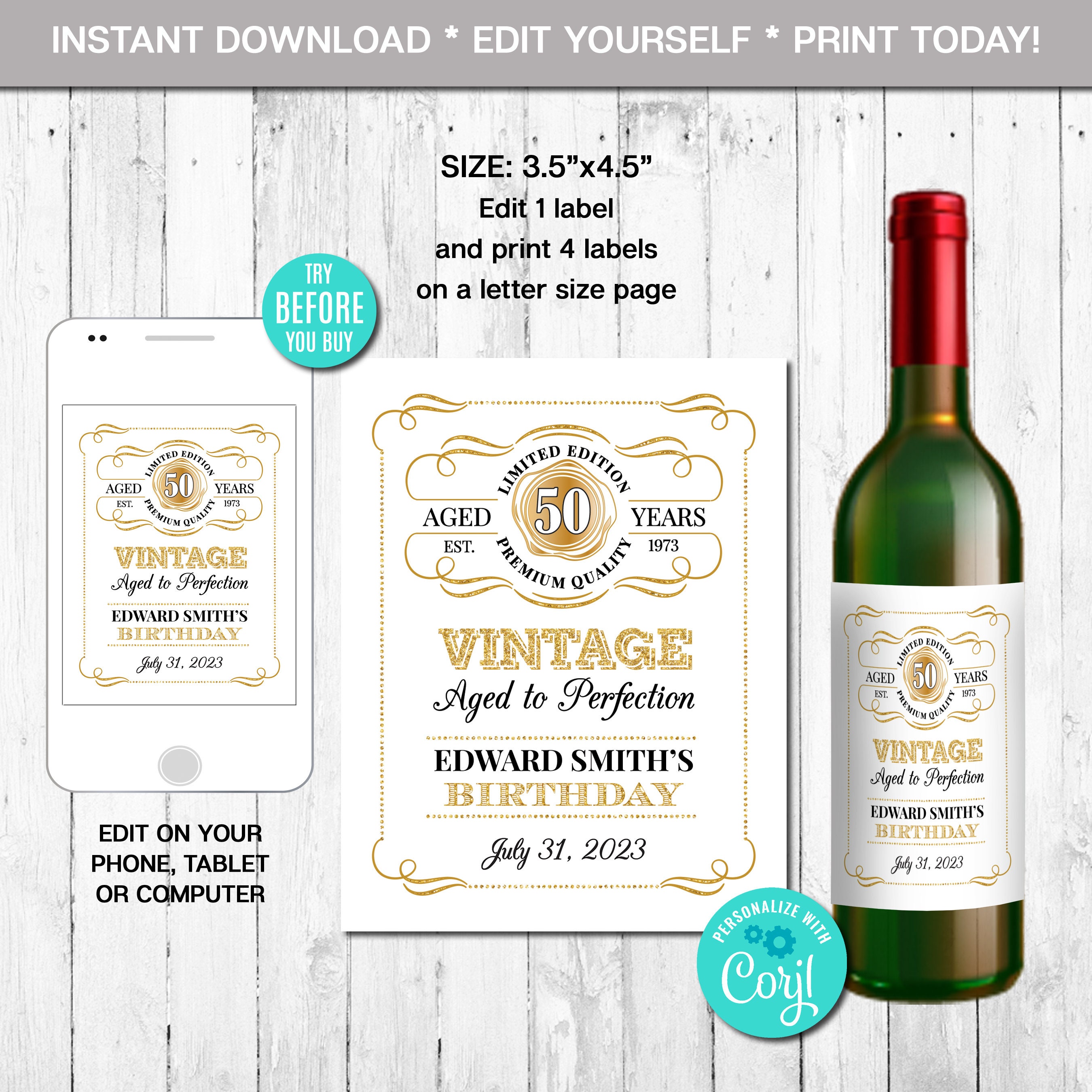 EDITABLE Wine Bottle Label, Aged to Perfection, Any Age, Gold and White, Whiskey Label, Instant Download, CORJL, Digital File