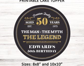 The Myth, The Man, The Legend Cake Topper: Gold Birthday Decor (Digital File, DIY, CORJL Editable Template)