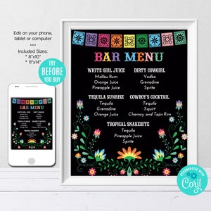 Letrero de menú de bar editable, menú de fiesta, bebidas, fiesta mexicana, tema mexicano, imprimible personalizado, descarga instantánea, archivo digital, CORJL