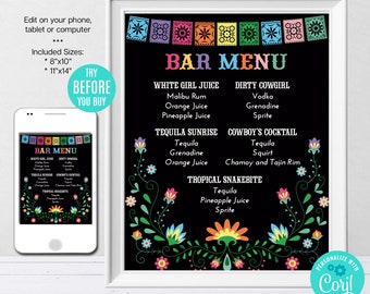 Editable Bar Menu Sign, Fiesta Party Menu, Drinks, Mexican Party, Mexican theme, Custom Printable, Instant Download, Digital File, CORJL