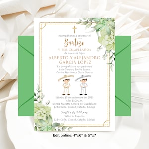 Invitación de bautismo editable, niño, dos charros, oro, invitación de bautismo de plata, tema de México, invitación floral verde español, descarga instantánea