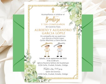 Editable Baptism Invitation, Boy, Two Charros, Gold, SilverBaptism Invitation, Mexico Theme, Spanish Green Floral Invite, Instant Download