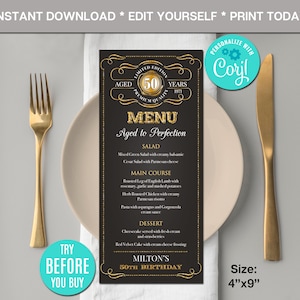 Editable Birthday Menu, Aged To Perfection, Any Age, Menu Card, Gold, Printable Menu Template, DIY, Instant Download, CORJL