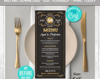 Editable Birthday Menu, Aged To Perfection, Any Age, Menu Card, Gold, Printable Menu Template, DIY, Instant Download, CORJL