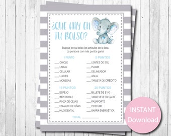 ESPAÑOL Qué hay en tu bolso Baby Shower Juego, Niño, Azul y Gris, Elefante Baby Shower Juegos, Acuarela, Descarga Instantánea, Imprimible