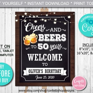 Editable Cheers and Beers Welcome Sign Any Age fifty Birthday Party Welcome Sign Gold Beer Welcome Sign Party Decor Instant Download