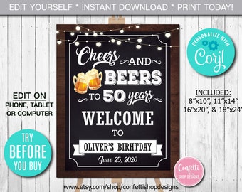 Editable Cheers and Beers Welcome Sign Any Age fifty Birthday Party Welcome Sign Gold Beer Welcome Sign Party Decor Instant Download