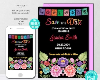 EDITABLE Save the Date Template, Mexican Theme Invitation, Flowers Invitation, Birthday Fiesta Party, Printable Template, Instant Download
