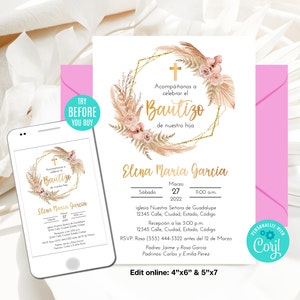 Convite editável de batismo Boho, menina, espanhol, grama de pampas, rosa e dourado, estilo Boho, convite de batizado, para impressão, download instantâneo