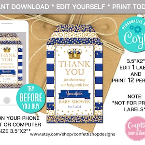 Editable Prince Favor Tag, Prince Baby Shower Favor Tag, Boy, Navy Blue and Gold, Prince Thank You Tag, Instant Download, Printable, CORJL