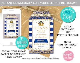 Editable Prince Favor Tag, Prince Baby Shower Favor Tag, Boy, Navy Blue and Gold, Prince Thank You Tag, Instant Download, Printable, CORJL
