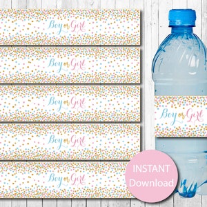 Etichette per bottiglie d&#39;acqua Gender Reveal, Gender Reveal Party, Coriandoli, Ragazzo o ragazza, Blu o rosa, Lui o lei, Squadra blu o rosa, Download istantaneo