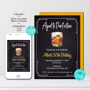 Editable Aged to Perfection Invitation Template, Adult Birthday Invite, Vintage Birhtday Invitarion, Cheers to Fifty Years, Instant Download