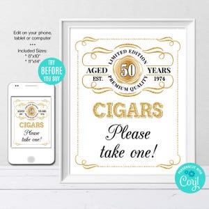 Editable Cigars Sign Template, Age to Perfection Birthday Party Sign, ANY AGE, Gold Whiskey Label Sign, Party Decor, Instant Download