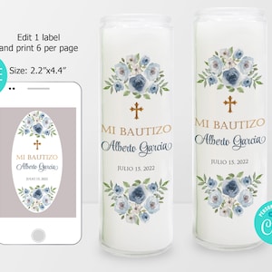 Etichetta per candela di preghiera MODIFICABILE, ragazzo, etichetta per candela di battesimo spagnola, etichetta per candela floreale blu, etichetta per candela commemorativa, download immediato