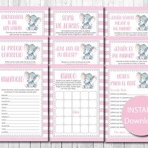 Spanish Baby Shower Games Bundle, Games Bundle, Baby Girl, Pink, Gray, Watercolor Elephant, Instant Download, Printable Games, Package Games