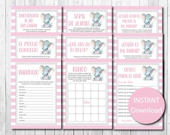 Paquete de juegos de baby shower en español, paquete de juegos, niña, rosa, gris, elefante acuarela, descarga instantánea, juegos imprimibles, juegos de paquetes
