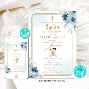 Editable Baptism Invitation, Boy, Gold Charro Boy Baptism Invitation, Mexico Theme Invite, Blue Floral Invitation, Instant Download, CORJL