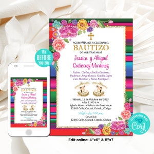 Editable Baptism Invitation Girl, two little Charra Girls, Mexican Flowers Invitation, Serape Baptism Invite, Mexico Theme, Printable