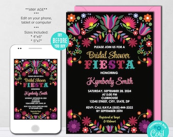 Mexican Bridal Shower Fiesta Invitation, Editable Template, Mexican Flowers, Digital Download, Colorful Invite