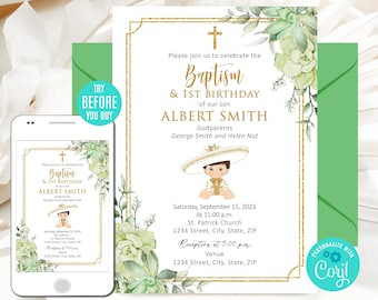 May include: Gold and green baptism and first birthday invitation with a cartoon boy wearing a sombrero and holding a candle. The invitation includes the text "Baptism & 1st Birthday of our son Albert Smith" and the date "Saturday, September 15, 2023".