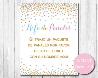 Rifa de pañales, tarjetas y letrero. Printable Diaper Raffle game.  Spanish.PDF Instant download. Boy, girl, gender reveal baby shower. Gold.