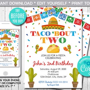 Editable Taco 'Bout Two Invitation, Mexican Invitation, Fiesta Invitation, Party Invite, Instant Download, Digital File, CORJL, Mexico