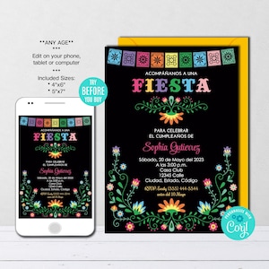Editable Birthday Invitation, Mexican Birthday, Spanish, Mexican theme Invitation, Fiesta Invitation Template, Instant Download, CORJL