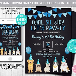 Editable Puppy Birthday Invitation Dogs Birthday Party Invite Dogs Pawty Invitation Let's Pawty Dog Download Printable Template CORJL