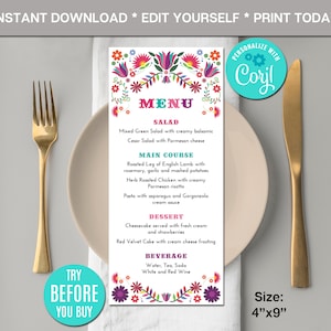 Menú Mexicano Editable, Cumpleaños Mexicano, Flores Mexicanas, Tarjeta de Menú, Fiesta de Cumpleaños, Plantilla de Menú Imprimible, BRICOLAJE, Descarga Instantánea, CORJL